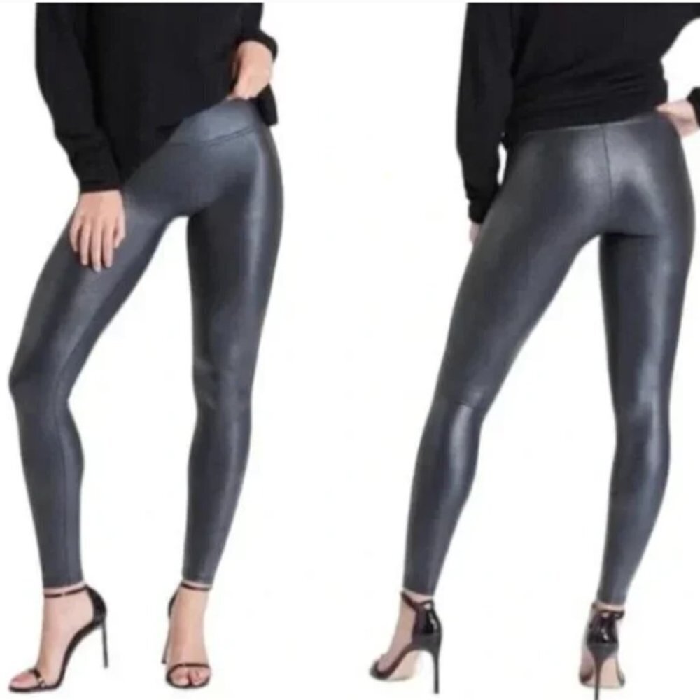 SPANX Faux Leather Pebble Leggings Black Metallic Size Small